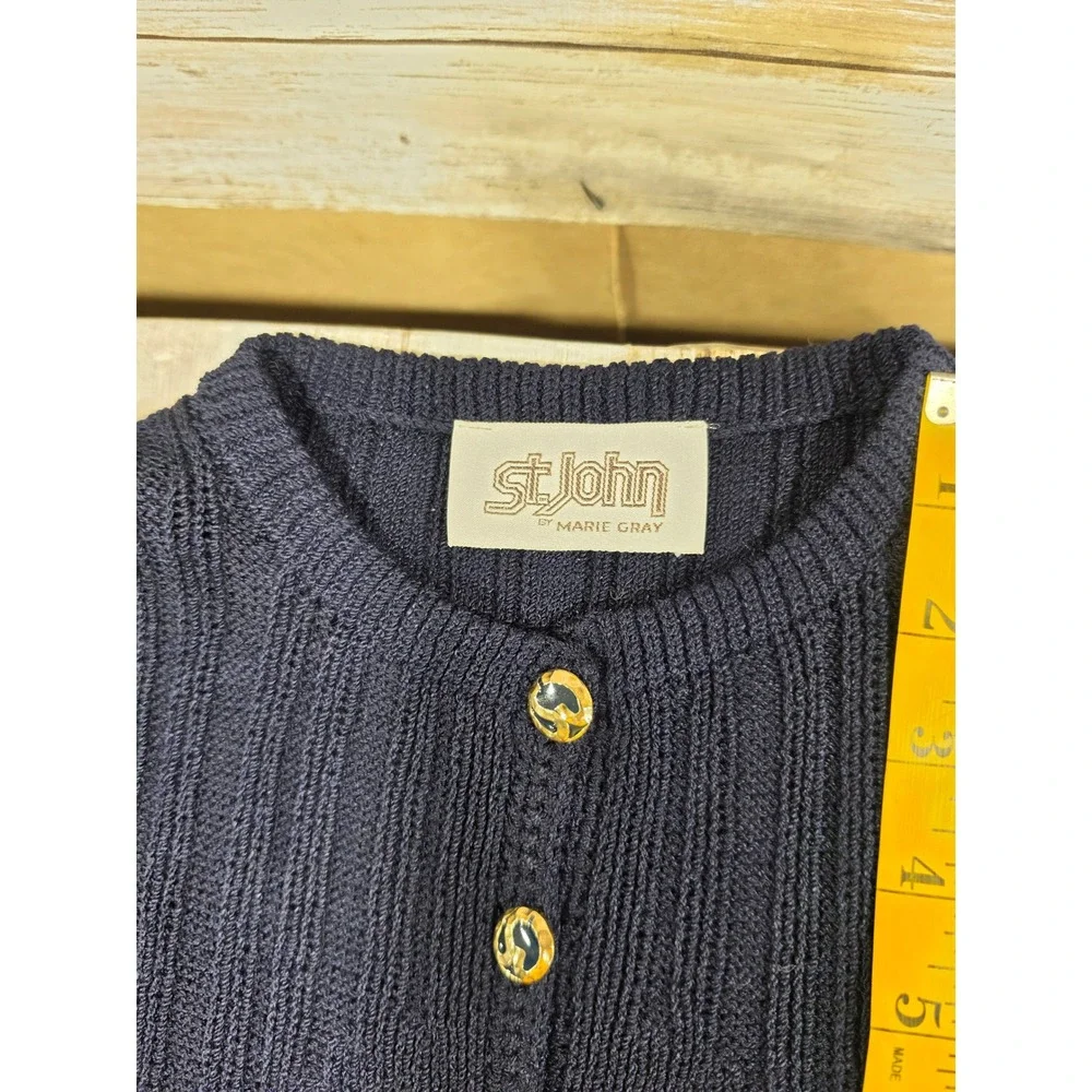 St John Marie Gray Navy Blue Knit Skirt Suit Gold Enamel Button Set Womens READ